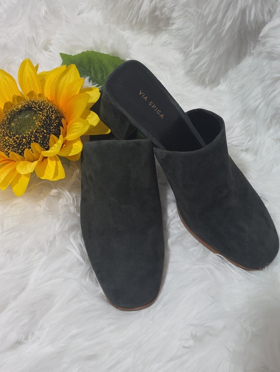 Via Spiga Shoes - Via Spiga Dark Gray Suede Block Heel Mules